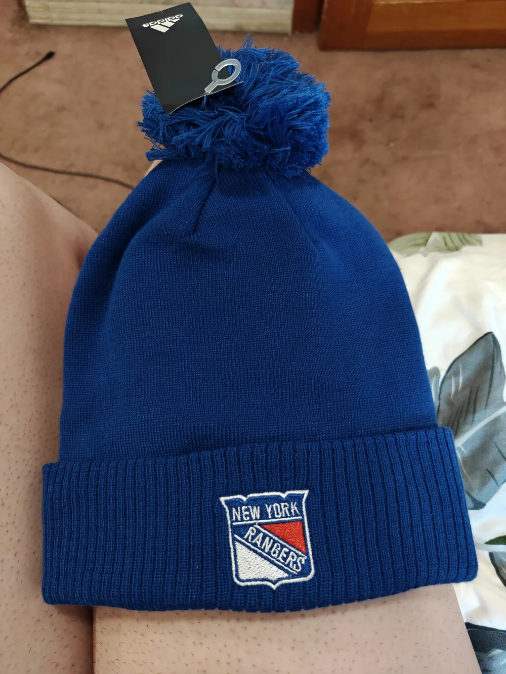Adidas Pom Beanie with New York Rangers Patch - Royal Blue